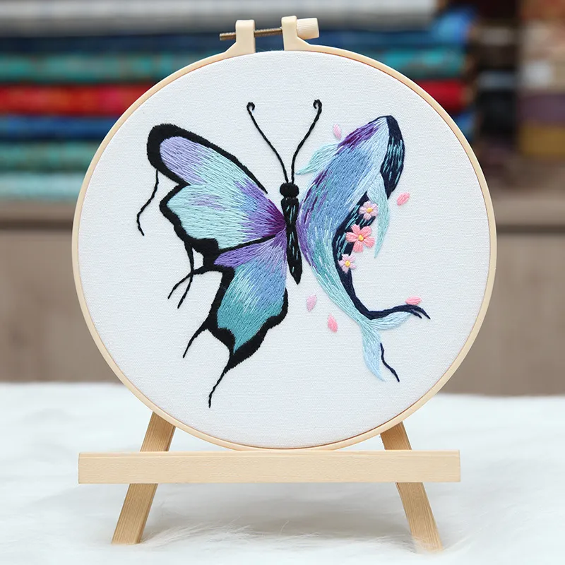 Embroidered Diy Materials Pack Whale With Butterfly Handmade Hanging Pictures - Never End