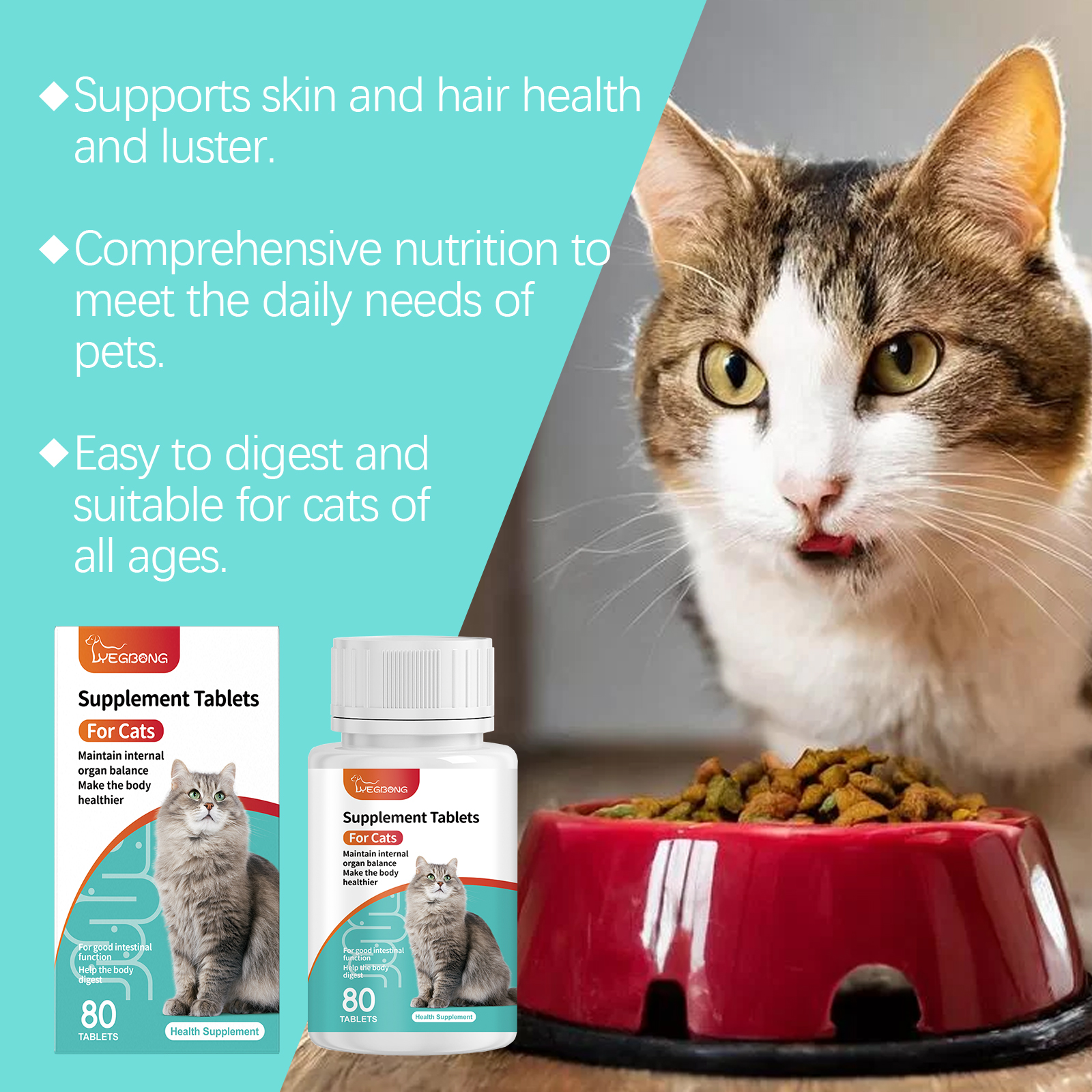 Cat Probiotic Supplement Tablets, Gut & Digestive Health Support With Vitamin B2 & Selenium, Immune, Skin & Vision Care, 80 Tablets — foto 4