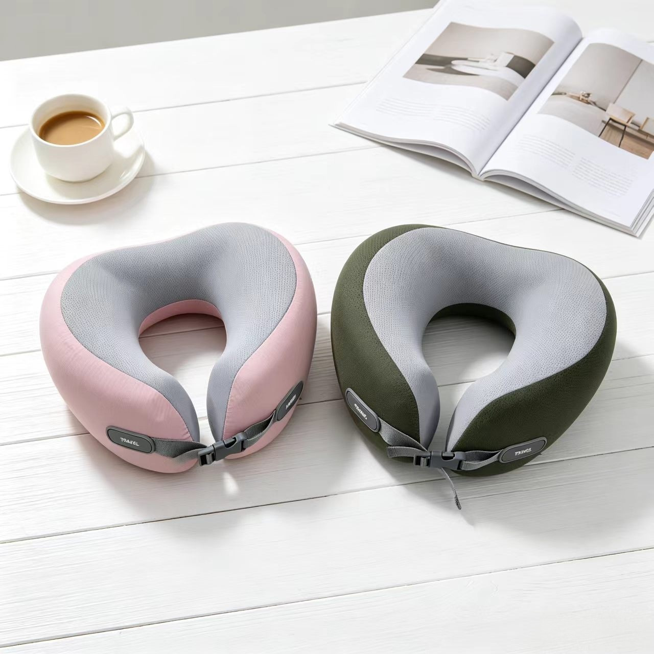 Color Block Plush Memory Foam U Shaped Neck Pillow, Snap Button Travel Pillow For Airplane Car Office Naps