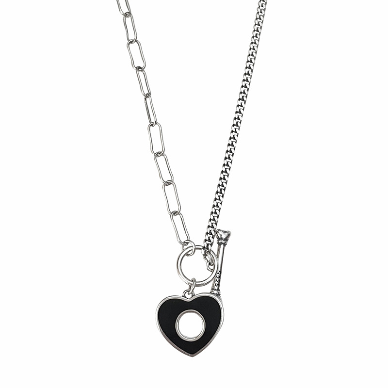 Korea Dongdaemun S925 Sterling Silver Love Heart Epoxy Retro Necklace