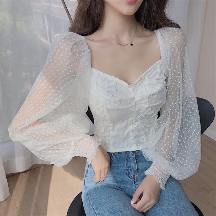 Mesh Top Design Sense Of Niche Scheming Puff Sleeve Chiffon Shirt