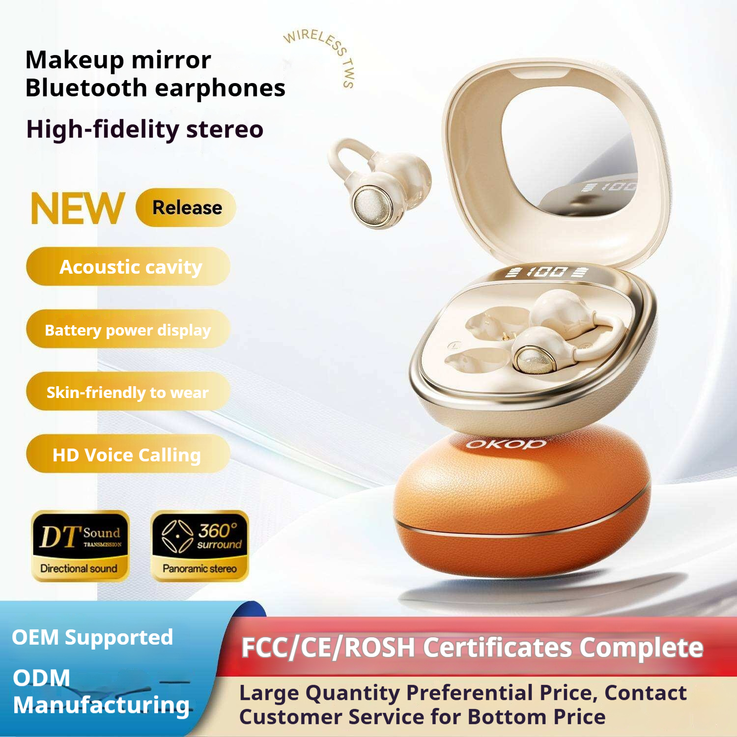 KP-229 Hot-selling New Wireless Bluetooth Earbuds Digital Display Open-ear Clip-on Design Non-in-ear Built-in Vanity Mirror Long Battery Life In Stock