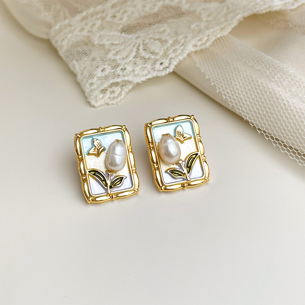 Vintage Artistic Enamel Flower Stud Earrings - French Romantic Floral Jewelry, Elegant Retro Earrings For Women
