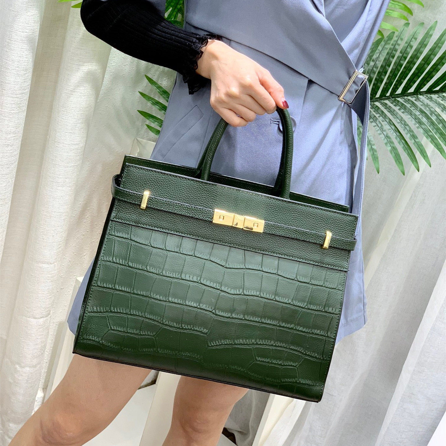 Top Layer Cowhide Stone Pattern Ladies Handbag Green - Shop at LoveMi