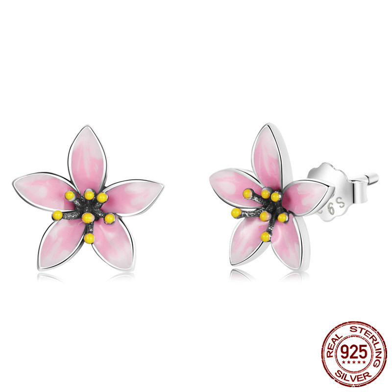 Fashion Cherry Blossom Sterling Silver S925 Stud Earrings Women's Oil Drops Flowers