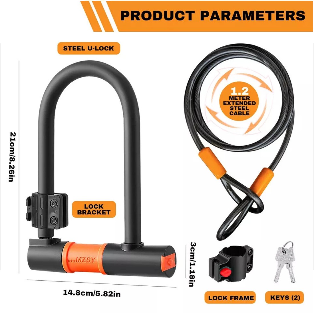 U Shaped Bike Lock With Two Keys Heavy Duty Cable With Bracket Bicycle Lock 13