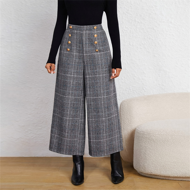 Women's Spring Fashion Plaid Wide Leg Ninth Pants With Double Breasted Decoration For Daily Office Wear Gray - Shop at LoveMi