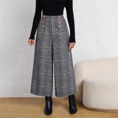 Women's Spring Fashion Plaid Wide-Leg Ninth Pants With Double-Breasted Decoration For Daily Office Wear - Grey - View 1