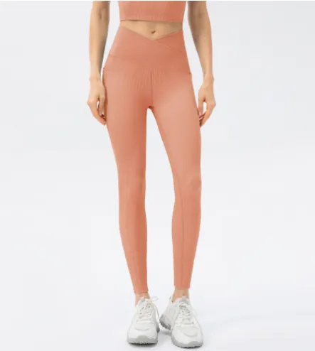 Cross Waist Hips Print Solid Color High Waist Bottoming Yoga Pants Pink A - Shop at LoveMi