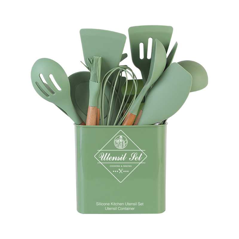 Title 5, 14-piece Silicone Kitchenware With Wooden Handle