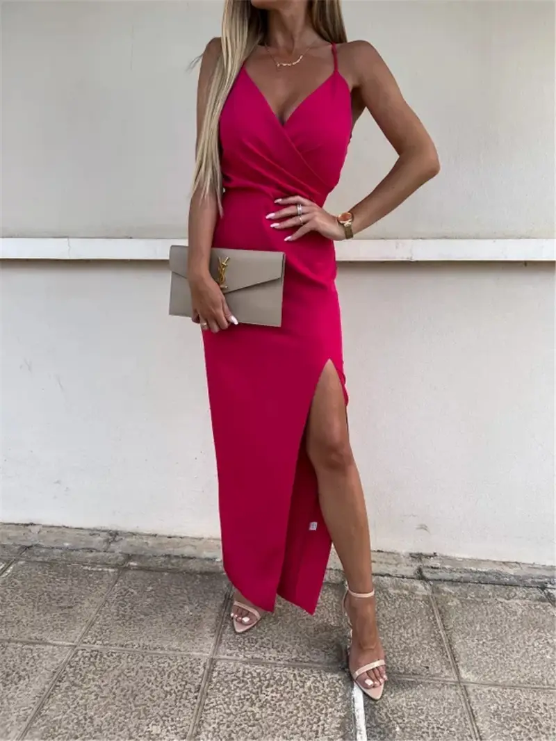 Women's Solid Color V-Neck Sexy Backless Slit Dress