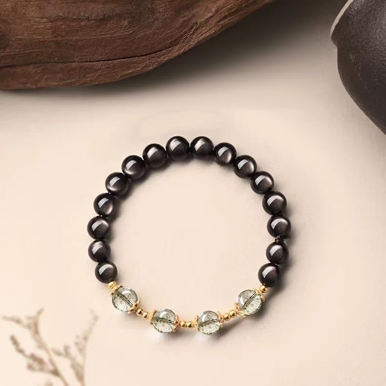 Natural Black Obsidian  Green Phantom Bracelet Fortune Bead Two Tone Chain Unisex Wealth  Protection Jewelry