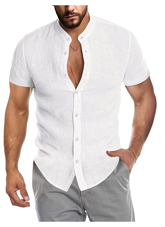 V-neck Linen Cardigan Stand-up Collar Short-sleeved Men's Shirt