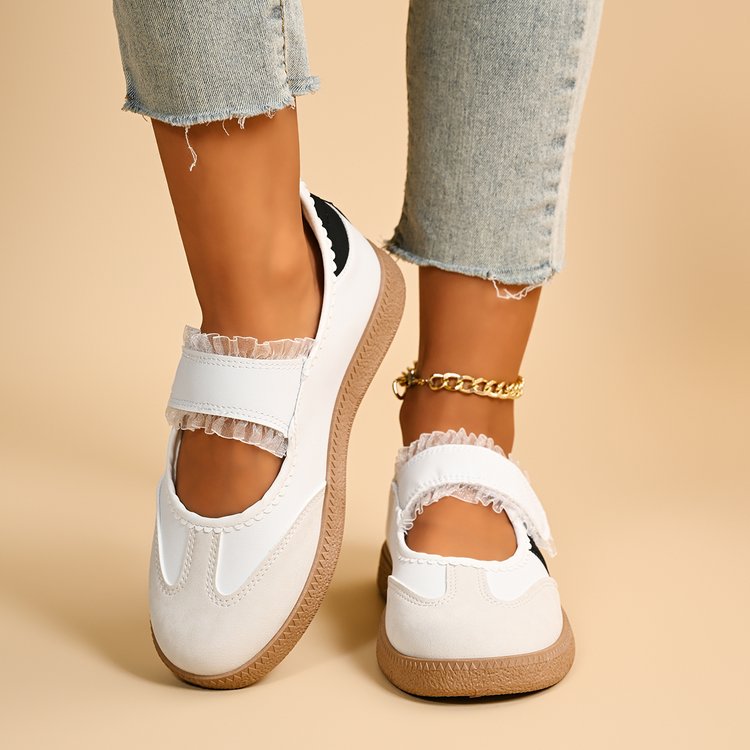 2026 Summer New Arrival Two Stripes Minimalist Mary Jane Shoes, Colorblock Lace Hook And Loop Fastener Flats Casual Plus Size Women's Shoes