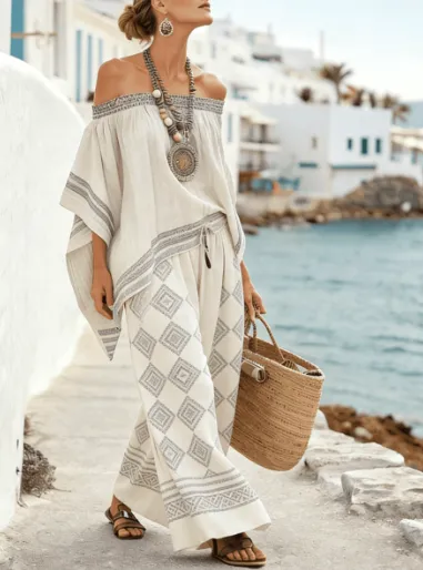Bohemian Style Off-the-shoulder Batwing Sleeve Top Wide-leg Pants Vacation Two-piece Set - Style3-Xl