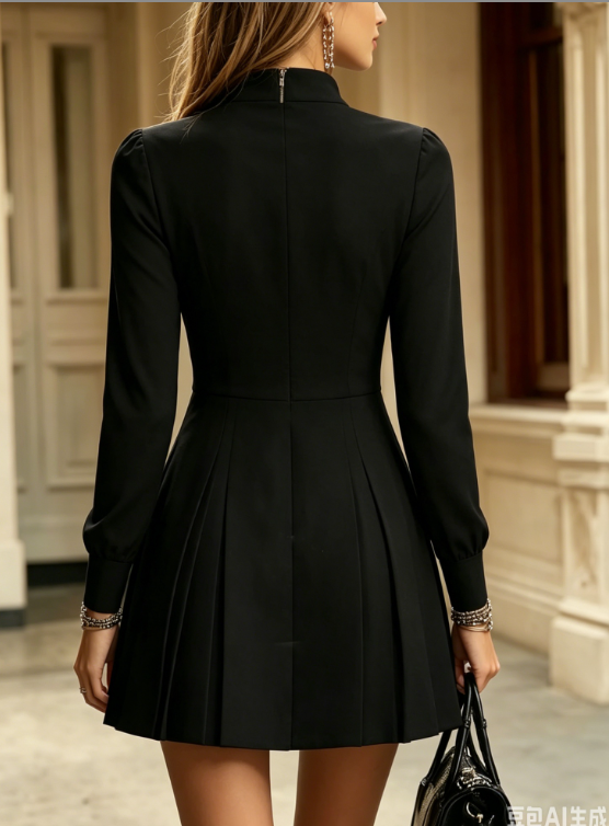 Black Stand Up Collar, Front Zipper, Waist Cinching, Pleated Long Sleeved Short Dress