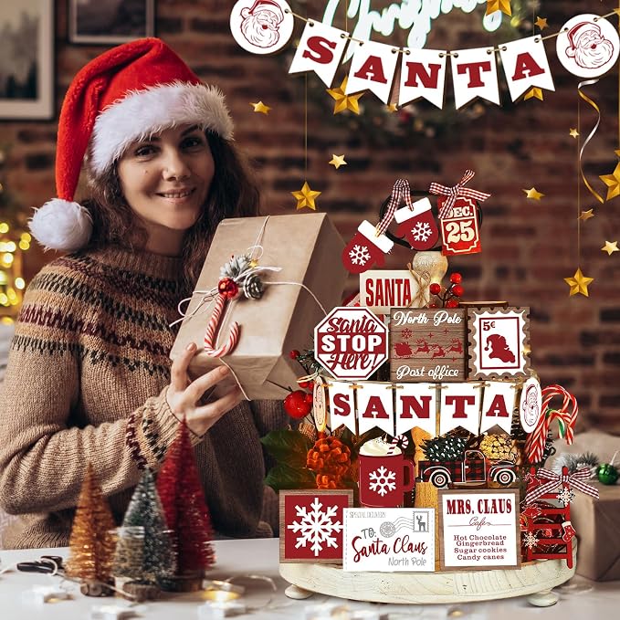 17-Piece Rustic Christmas Tiered Tray Decor Set With Santa