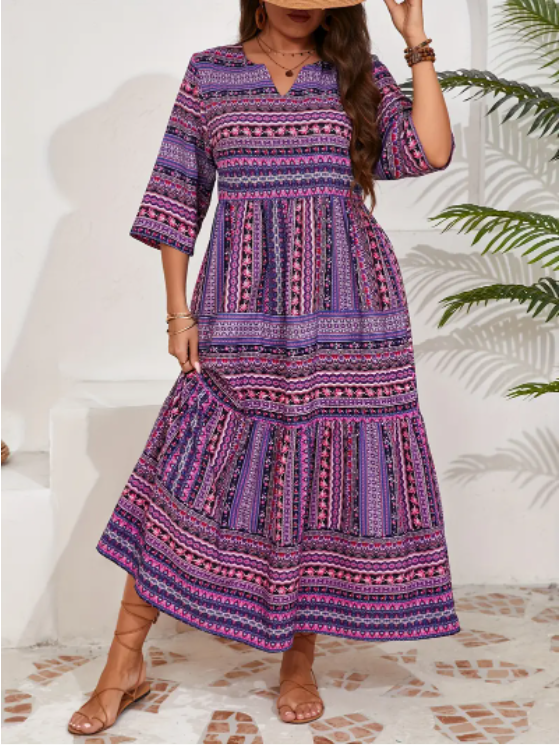 Plus Size All Over Print Tiered Dress, Vacation Notch Neck Short Sleeve Dress, Women's Plus Size Clothing