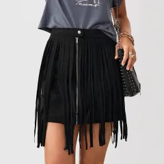 Western Denim Style Women's Solid Colour Tassel Front Zipper Casual Short Skirt - Black - View 1