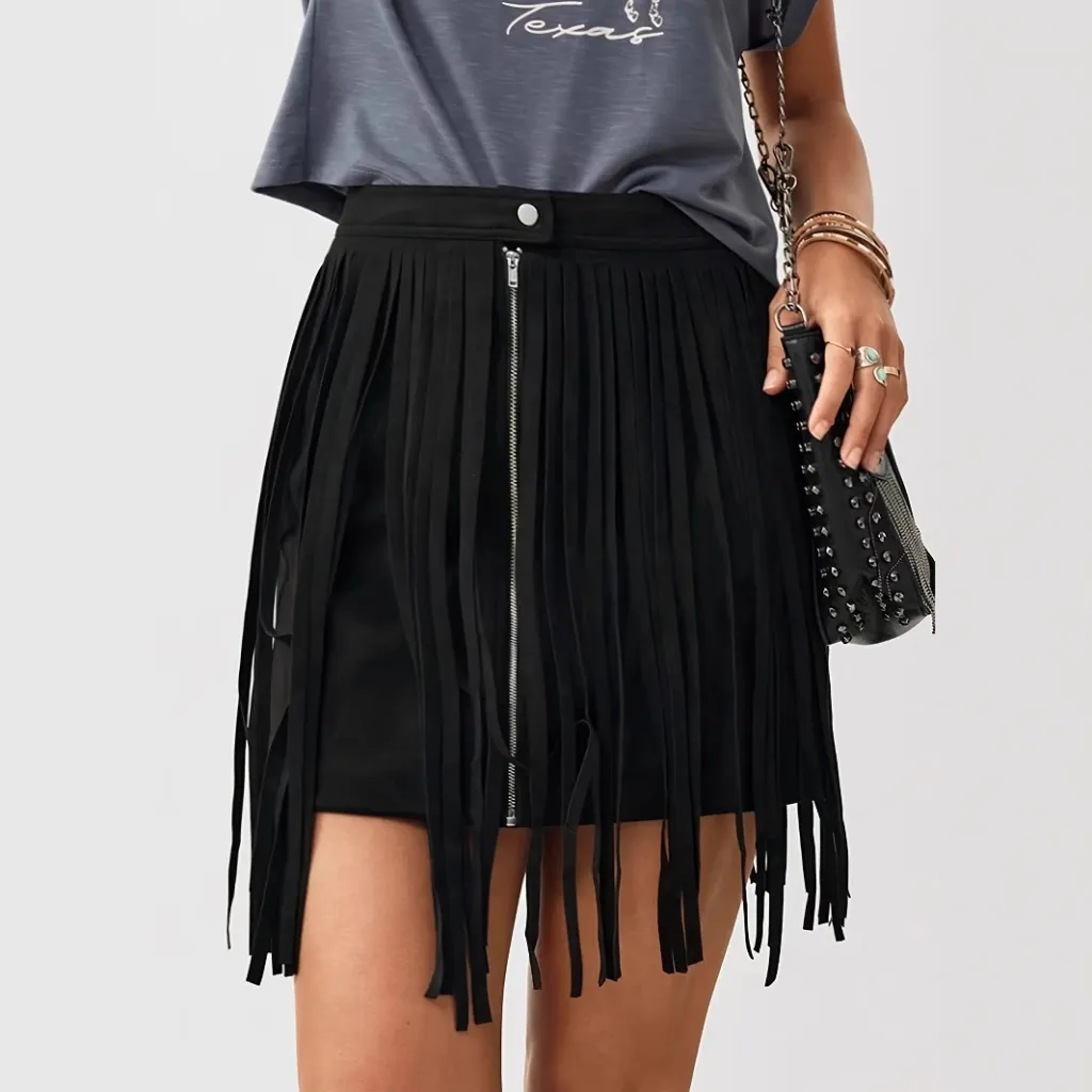 Western Denim Style Women's Solid Color Tassel Front Zipper Casual Short Skirt - Black
