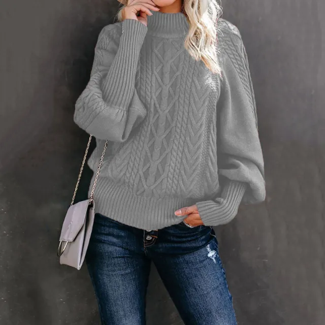Women's Loose fitting Long sleeved Knit Sweater With Mid neck Solid Color Light Gray - Shop at LoveMi