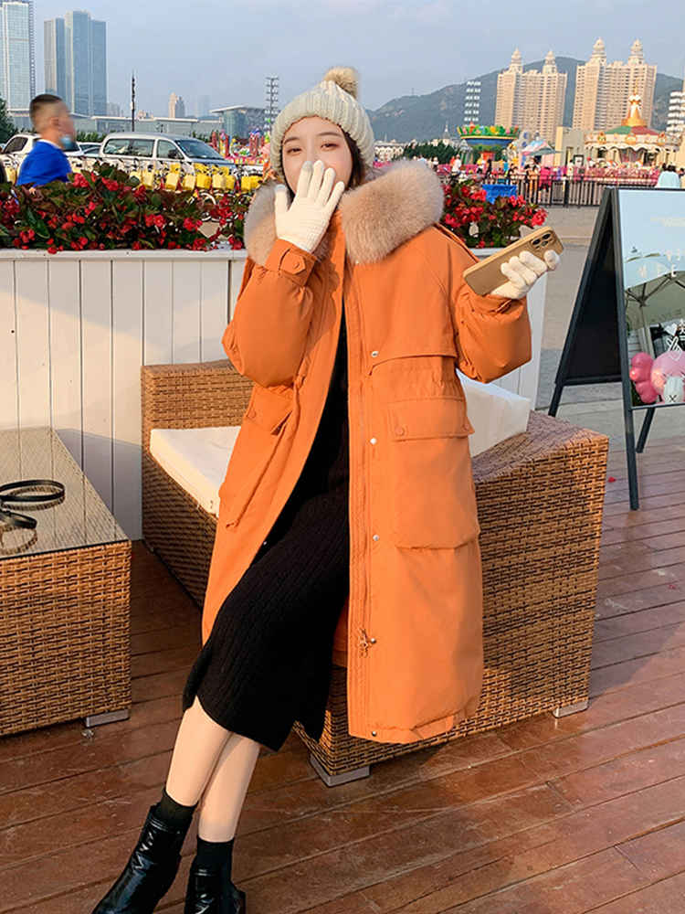 Winter Women's Mid length Down Jacket With Large Fur Collar Orange - Shop at LoveMi