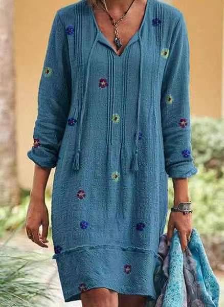 Printed V-neck Fringed Long-sleeved Dress