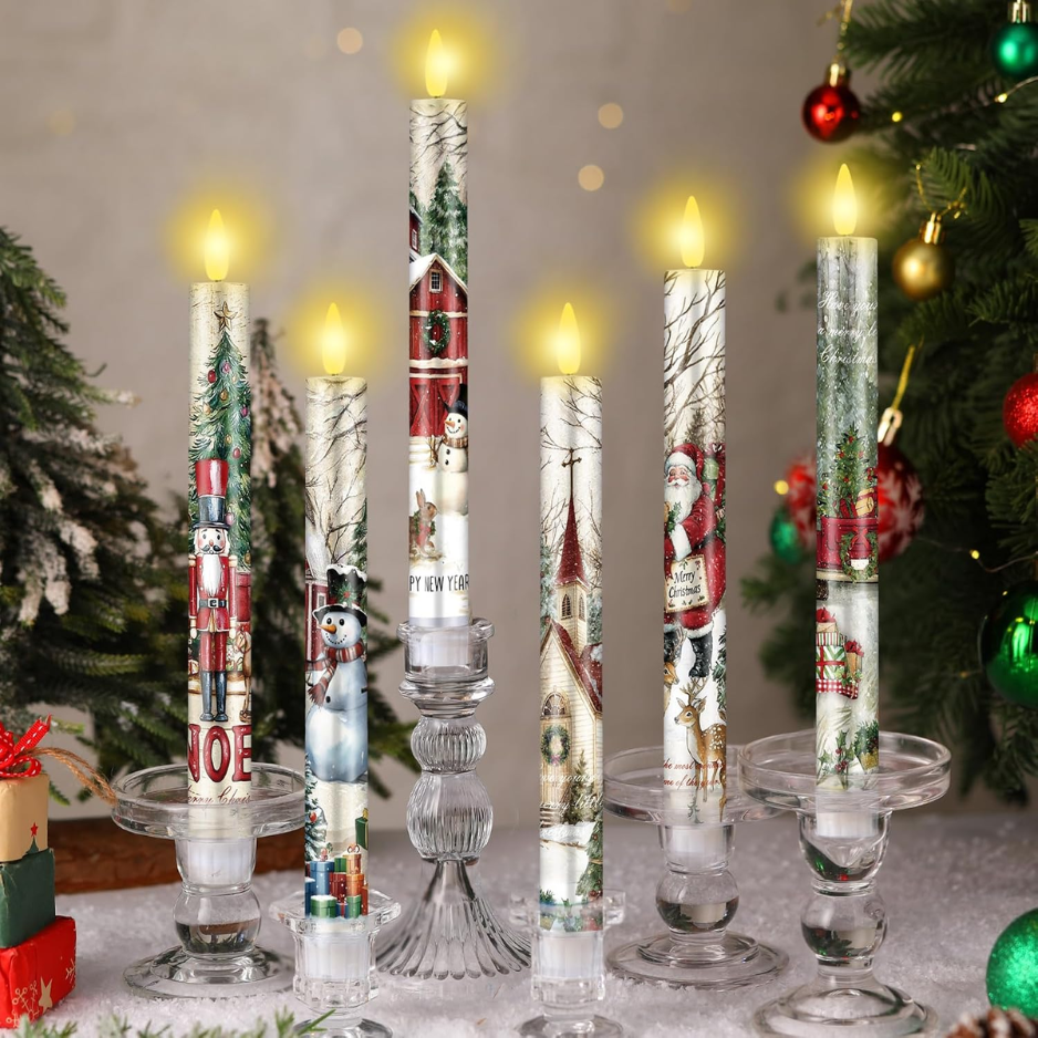 Aurelema 6 Pcs Christmas LED Flameless Candle Set Retro Vintage Santa Flameless Taper Candles With Battery Operated Snowman Celebration Cand