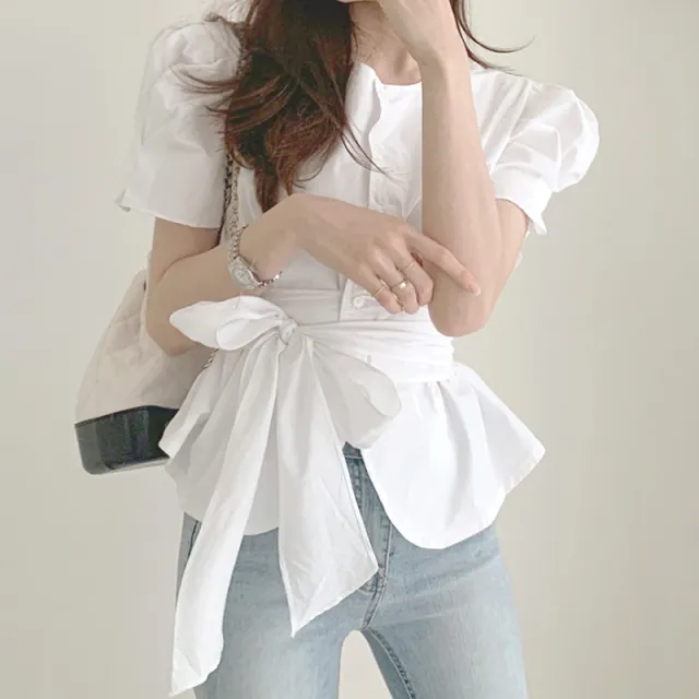 Ladies Temperament Round Neck Single breasted Tie waist Top White - Shop at LoveMi