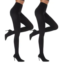 2 Pack Women's Fleece Lined Tights Winter Warm 100 Den Opaque High Wist Pantyhose - Black - View 1