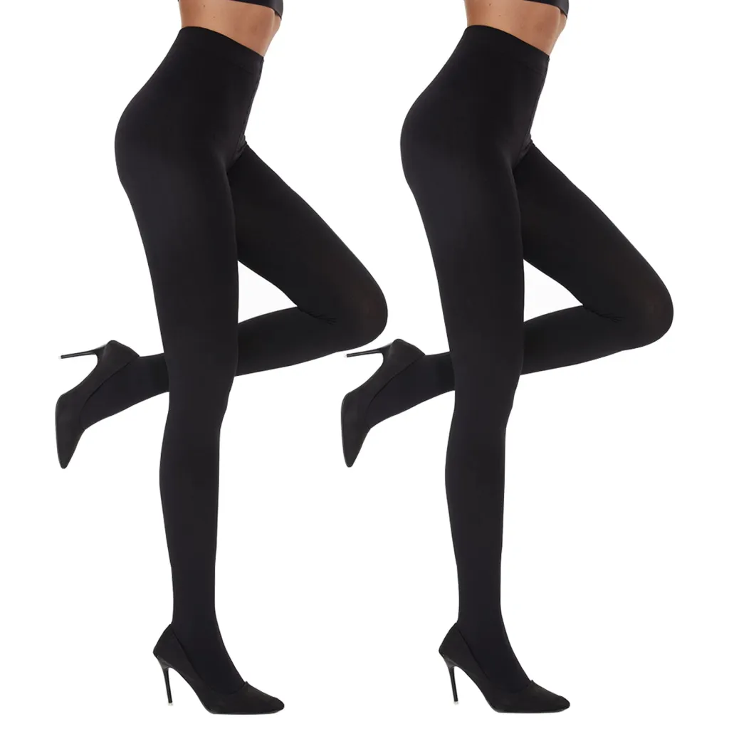 2 Pack Women's Fleece Lined Tights Winter Warm 100 Den Opaque High Wist Pantyhose - Black