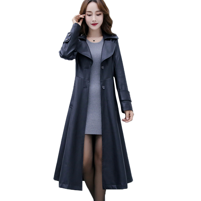 Large Size Women's Leather Coat 200 Catties Fat Mm Slim Long Windbreaker Black - Shop at LoveMi