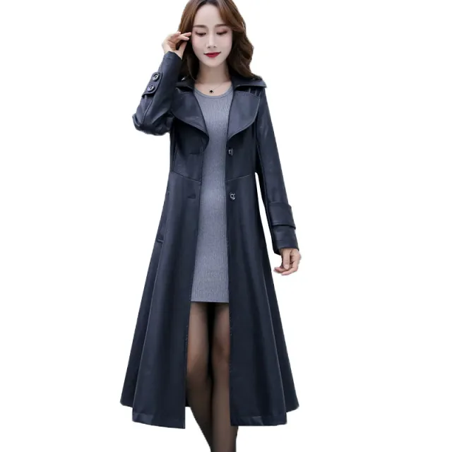 Large Size Women's Leather Coat 200 Catties Plus Size Mm Slim Long Windbreaker Black - Shop at LoveMi