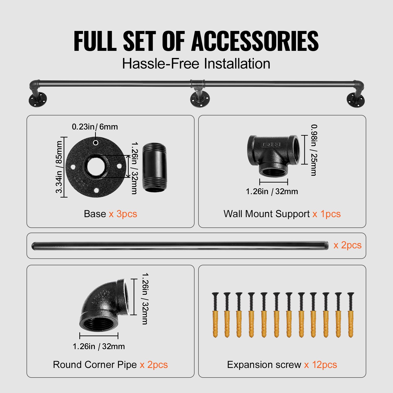 VEVOR Pipe Stair Handrail, 6FT Staircase Handrail, 440LBS Load Capacity Carbon Steel Pipe Handrail, Industrial Pipe Handrail With Wall Mount Support, Round Corner Wall Handrailings For Indoor, Outdoor image 3