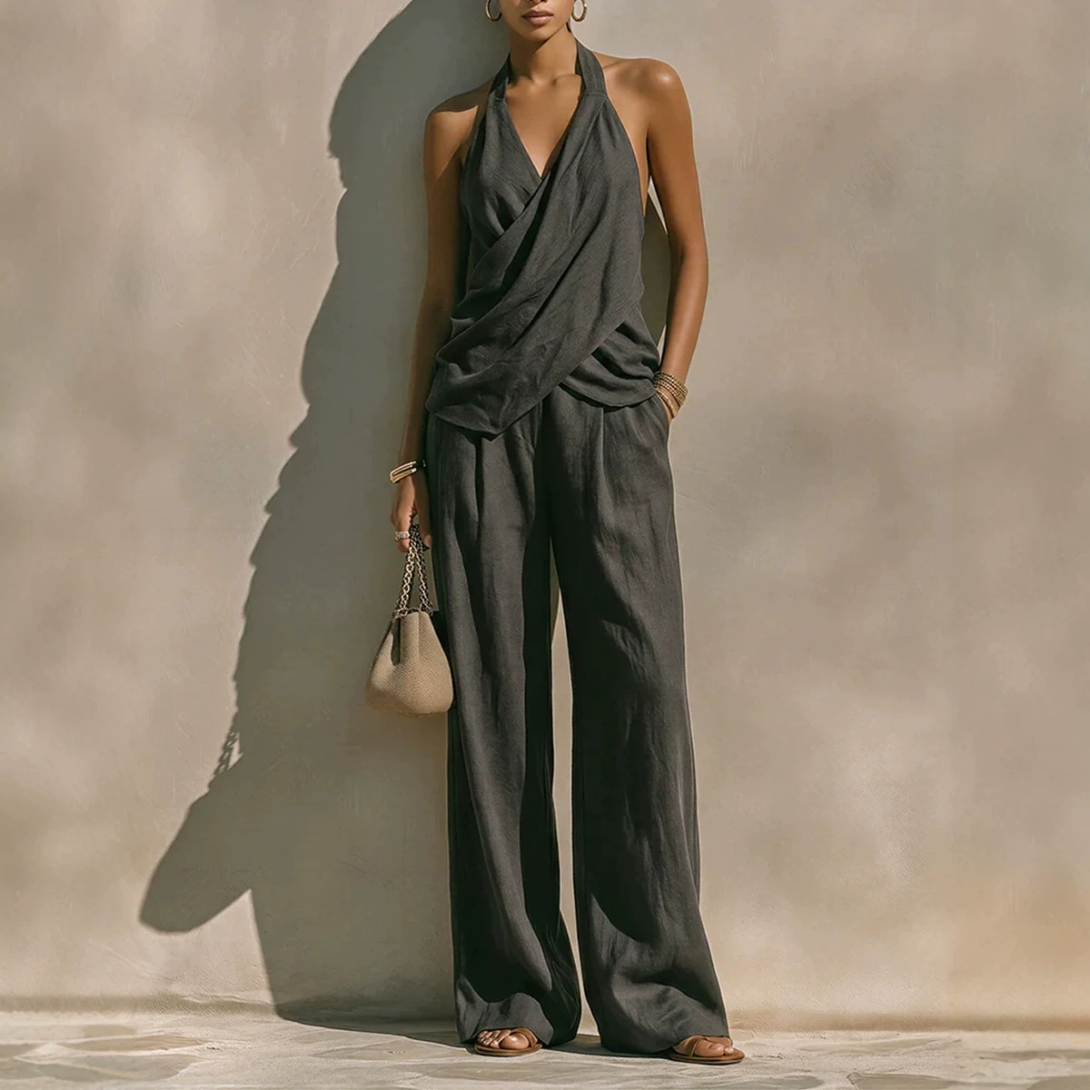 Crinkle Textured Halter Wrap Top & Elastic Waist Wide Leg Pants Two-Piece Set