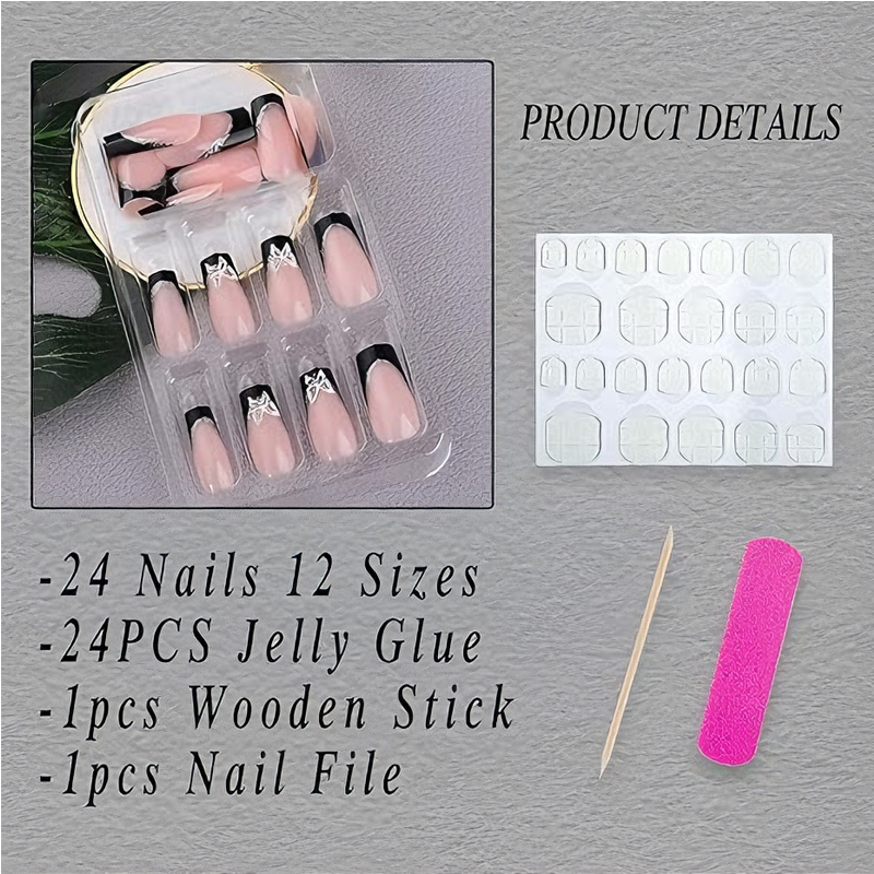 24 PCS Black P Ink Butterfly Nail Art, Long Length Long Water Pipe Fake Nails,Square Head Nail Tips False Nail