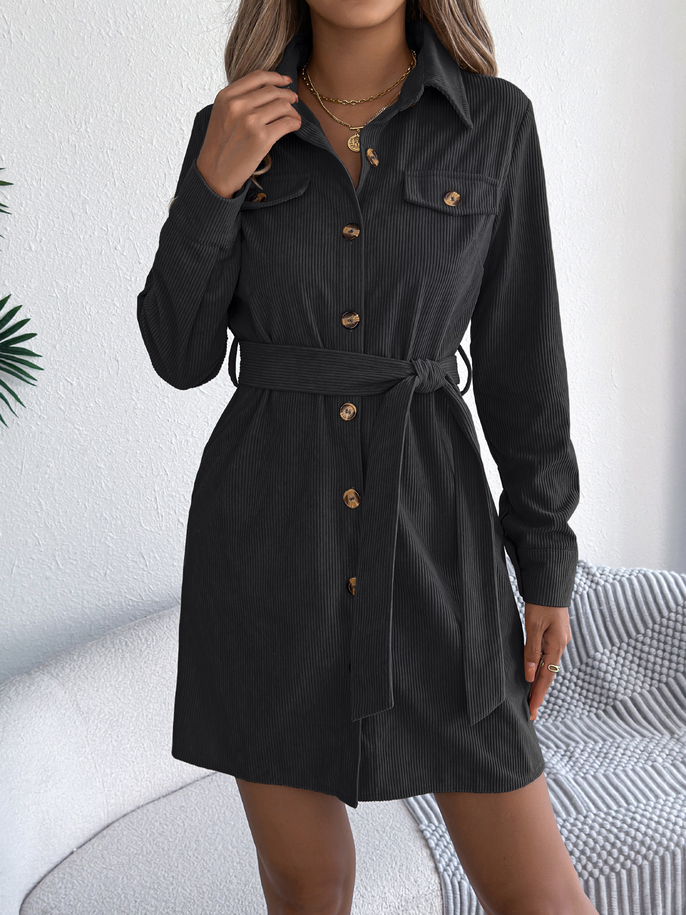 Casual Solid Color Single Breasted Long Sleeve Corduroy Shirt Dress Black - Shop at LoveMi