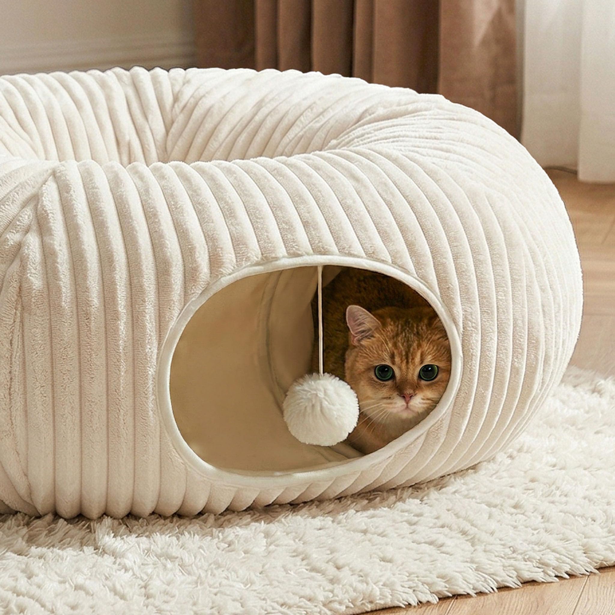 Cat Tunnel Bed With Interactive Cat Toys, Cat Tube With Kitten Toys For Indoor Kittens, Collapsible Play Tunnel, White