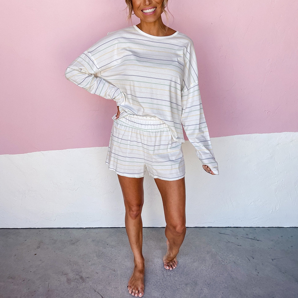 طقم بيجاما منزلي بأكمام طويلة، بياقة دائرية، بطبعة مخططة على طريقة الموضة الأوروبية والأمريكية