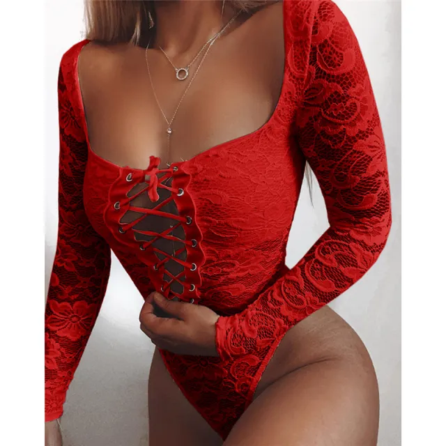 European And American Lace Up Square Neck Jumpsuit Red - Shop at LoveMi