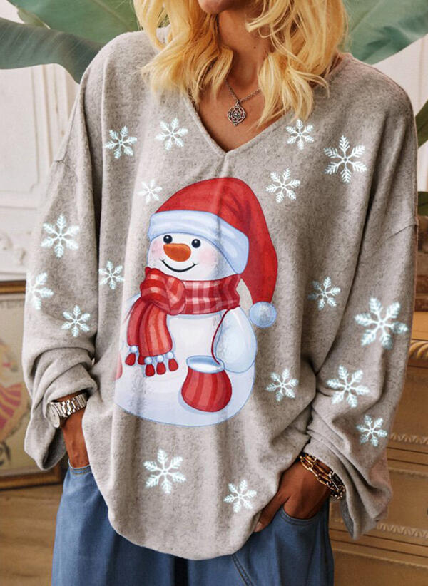 Printed V-neck Long-sleeved Casual Christmas Long-sleeved T-shirt