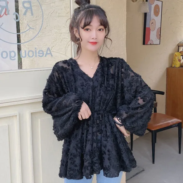 Plus Size Women Loose V neck Waist Top Plus Size Sister Super Fairy Lace Bottoming Shirt Tide Black - Shop at LoveMi