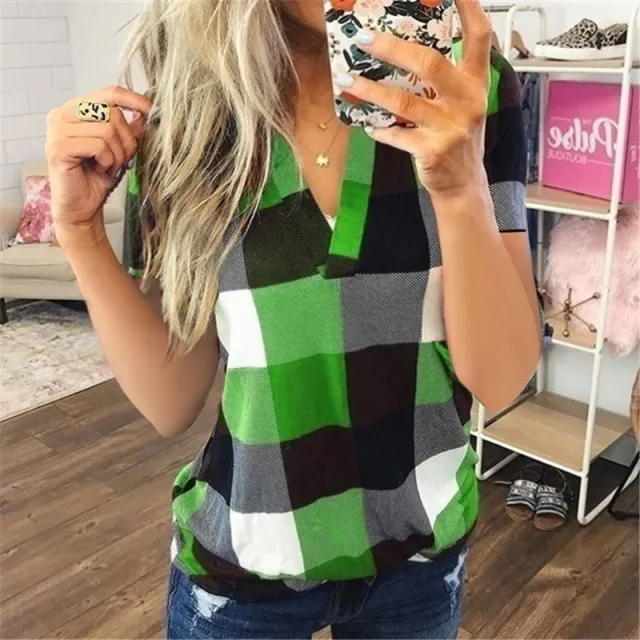 Women's New Shirt Plaid Printed V Neck Short Sleeved Shirt T Shirt Women Green - Shop at LoveMi