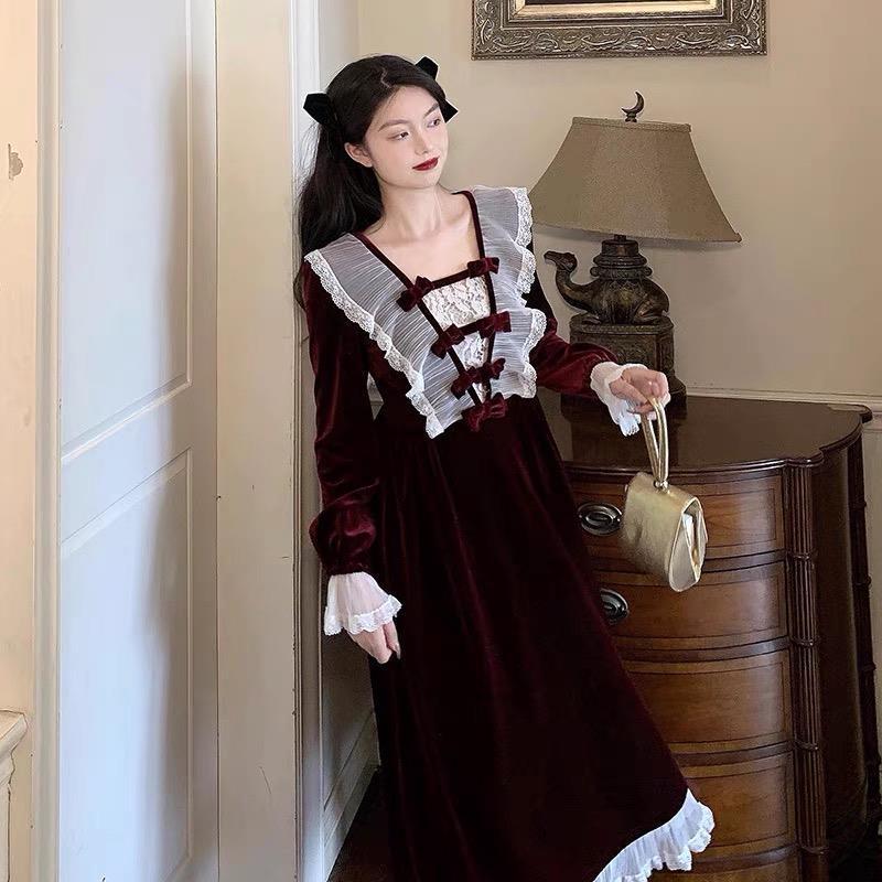 French Retro First Love Dress Wine Red Mid-length Fairy Dress
