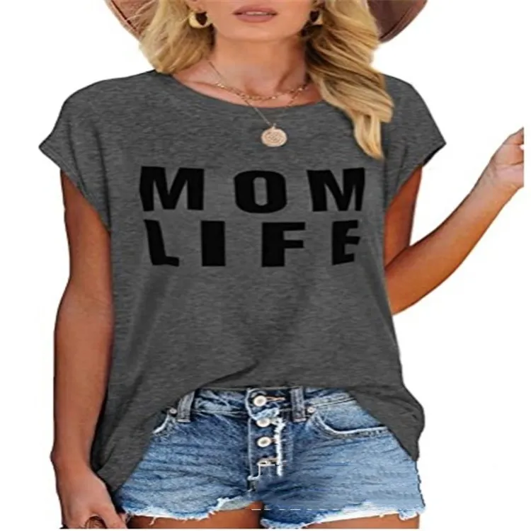 Casual Cotton Pullover Round Neck Loose Fitting Short Sleeves - Grey