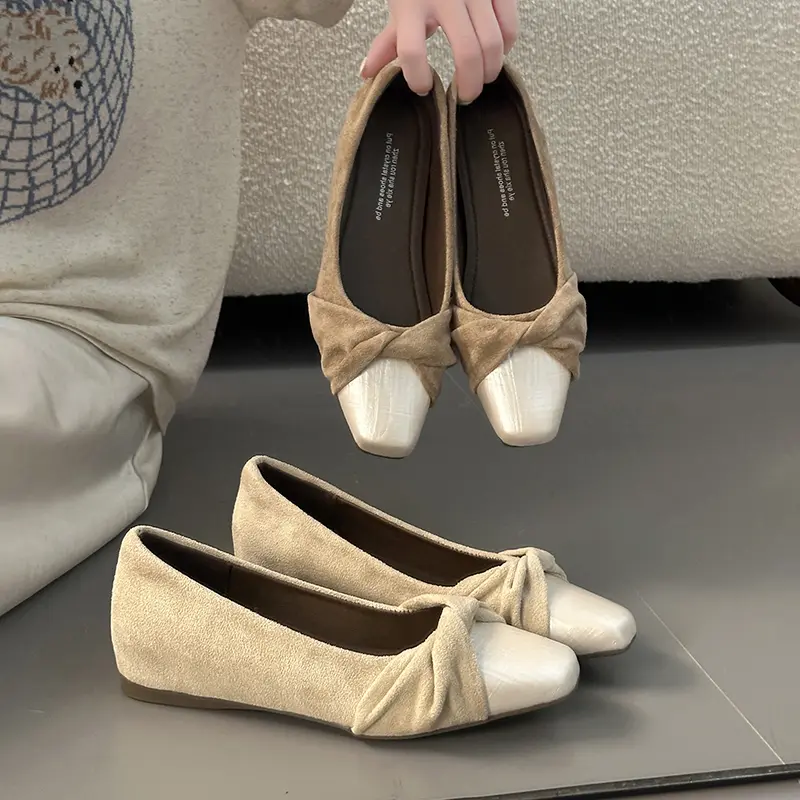 Women Gentle Minimalist Two-Tone Twisted Knot Square Toe Flats On Zero Flat Sole Daily Office Commuter Walking Ballet Loafers