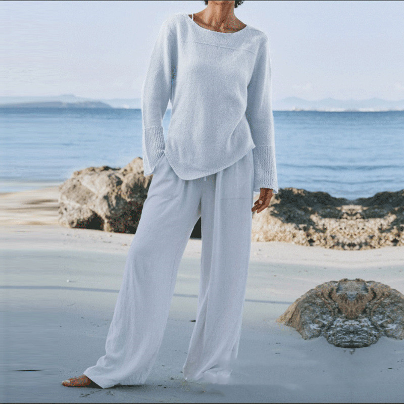 Women's Round Neck Long-sleeved Top And Wide-leg Pants Two-piece Suit