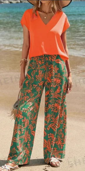 Women's Solid V Neck Short Sleeve Top And Botanical Print Pants Orange - Shop at LoveMi