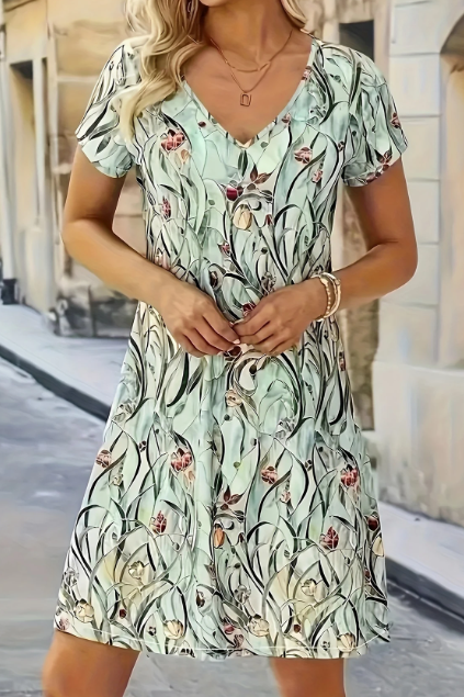 Women'S Casual Resort V-Neck Leaf Print Short-Sleeved Dress