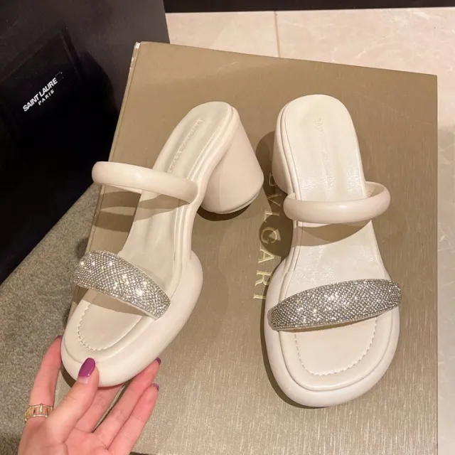 Thick Heel Sandals With Rhinestones Beige - Shop at LoveMi